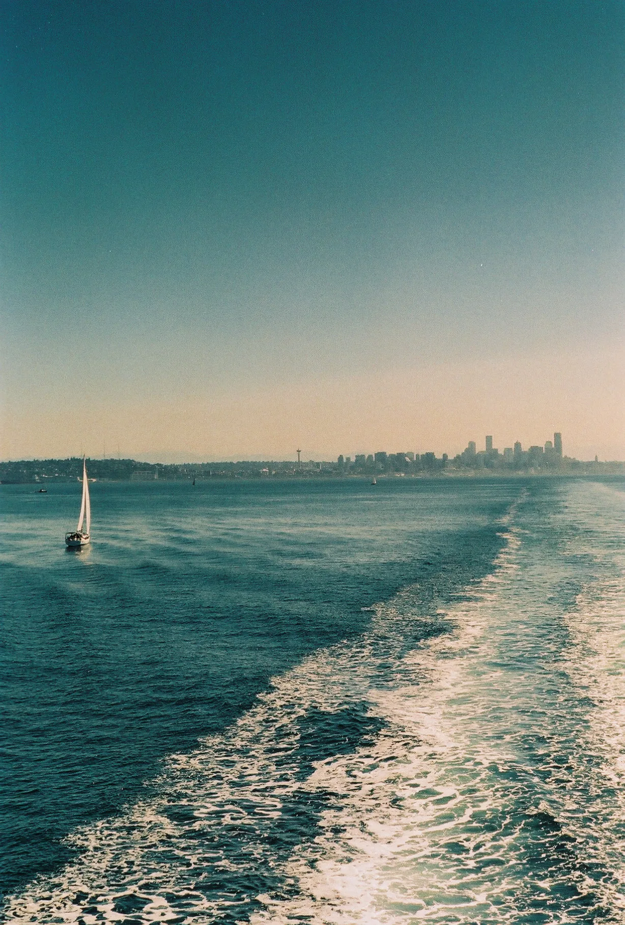 A sailboat on calm water with a city skyline in the distance and a wake cutting through the foreground.